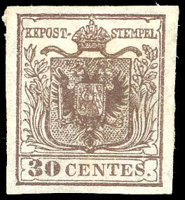 1850 - 30 cent. bruno, I tipo, ... 