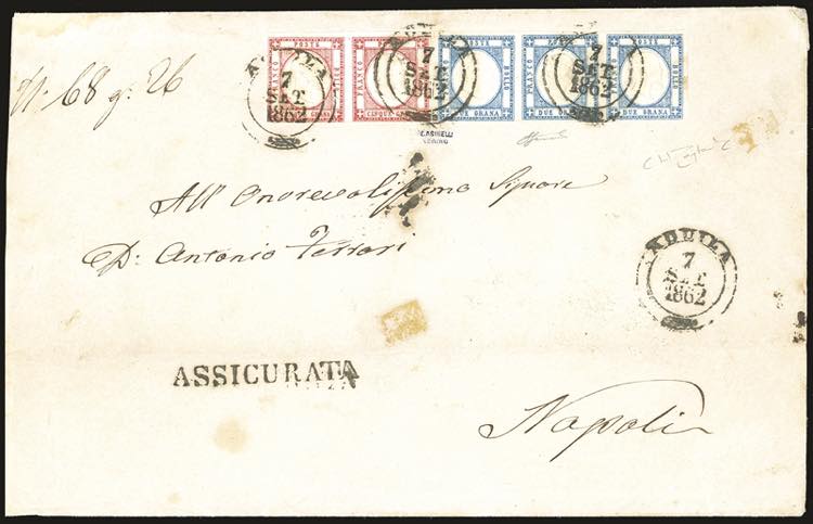 1862 - 2 grana azzurro, striscia ... 