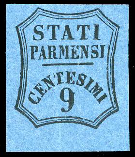 1853 - 9 cent. azzurro (2), bordo ... 