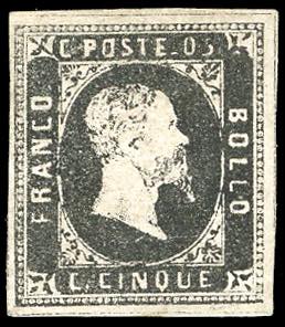 1851 - 5 cent. nero (1), nuovo, ... 