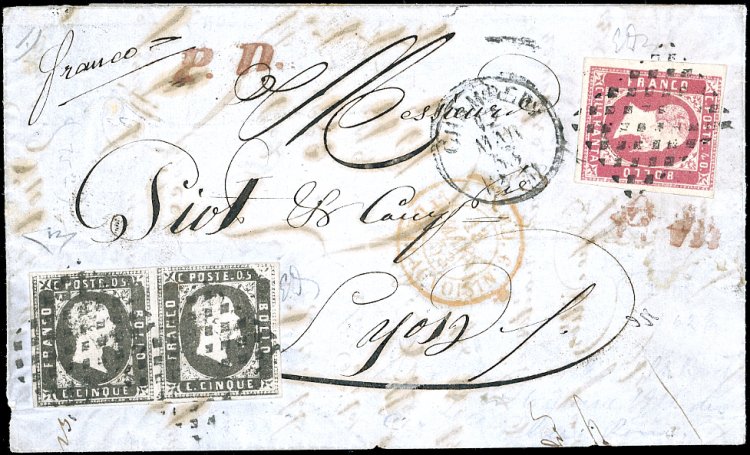 1853 - 5 cent. nero, coppia, con ... 