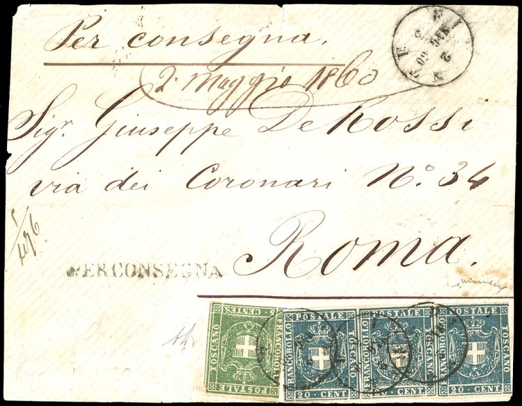 1860 - 20 cent. azzurro, striscia ... 