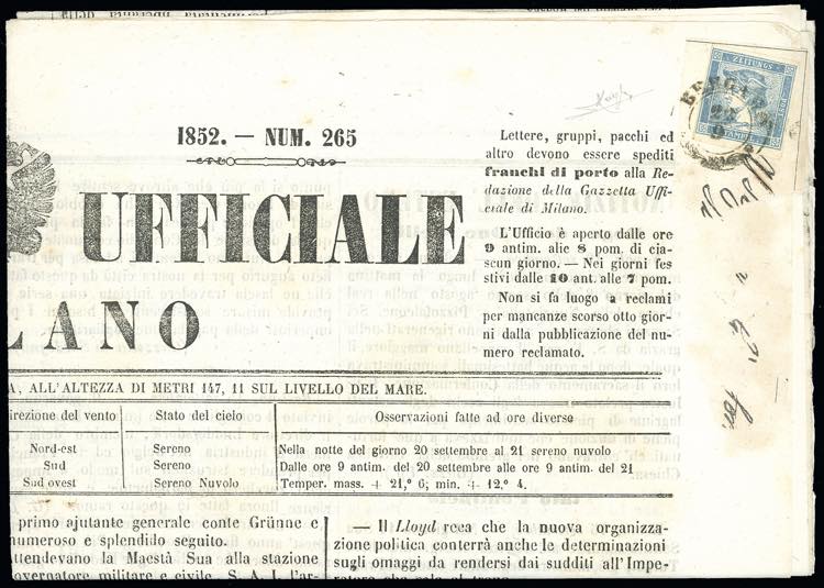 1852 - 3 cent. Mercurio azzurro, I ... 