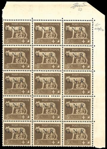 1943 - 5 cent. bruno, blocco di 15 ... 