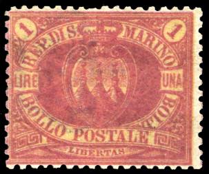 1892 - 1 lira carminio su giallo ... 