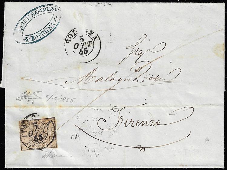 1855 - 5 baj rosa, falso per posta ... 