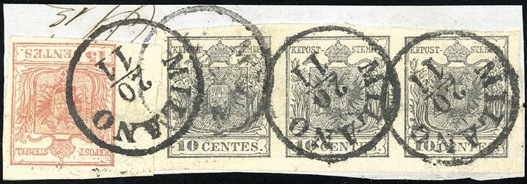 1850 - 10 cent. nero, striscia ... 