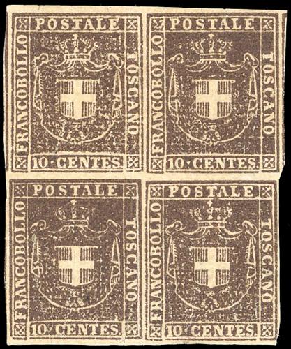 1860 - 10 cent. bruno (19), blocco ... 