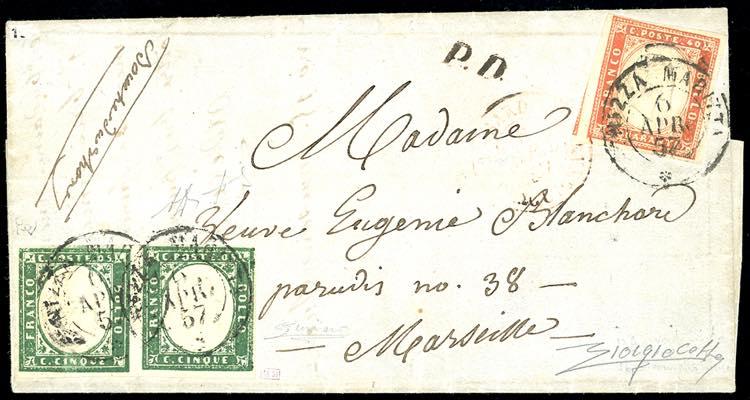 1857 - 5 cent. verde scuro, coppia ... 