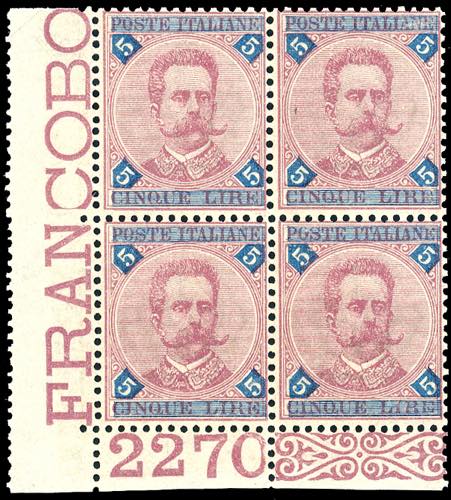 1891 - 5 lire carminio e azzurro ... 