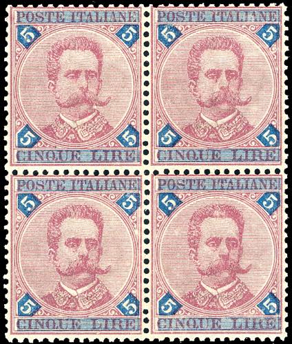 1891 - 5 lire carminio e azzurro ... 