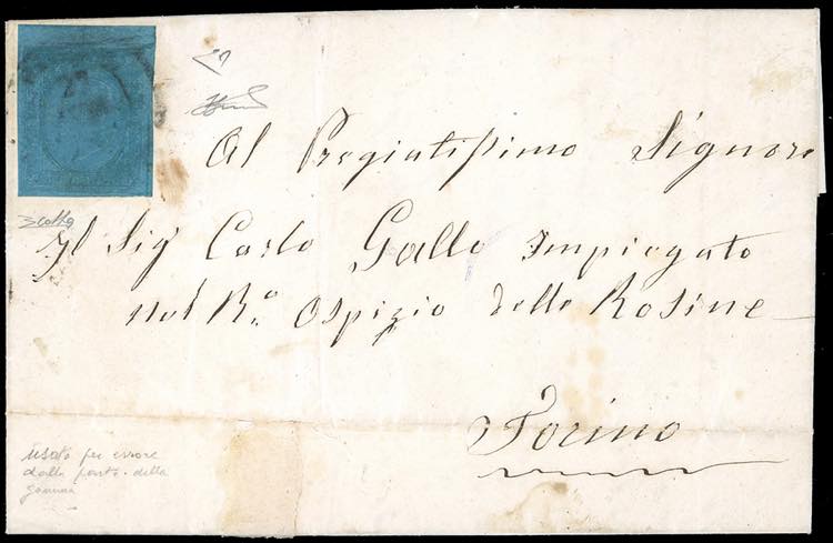 1854 - 20 cent. azzurro (5), bordo ... 