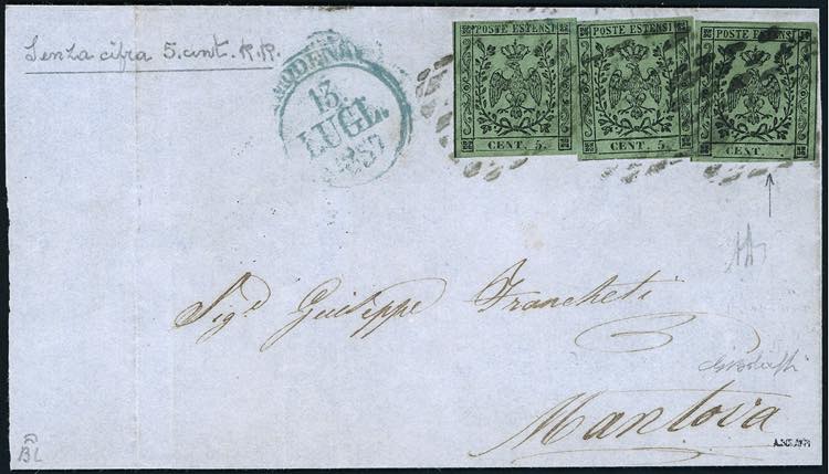 1857 - 5 cent. verde oliva, tre ... 