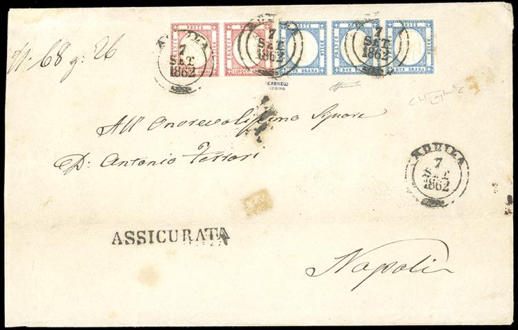 1862 - 2 grana azzurro, striscia ... 