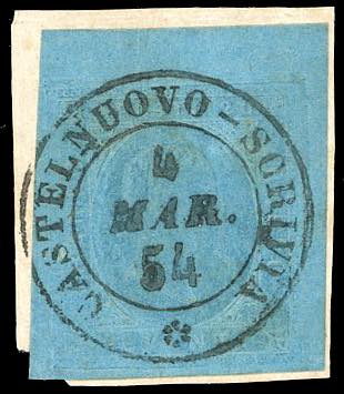 1853 - 20 cent. azzurro (5), ampio ... 
