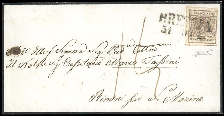 1851 - 30 cent. bruno, I tipo, ... 