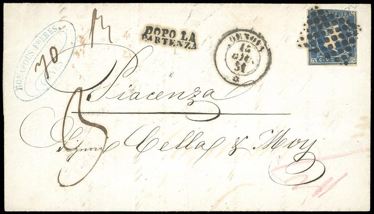 1851 - 20 cent. azzurro (2), corto ... 