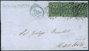 1857 - 5 cent. verde oliva, tre esemplari, ... 