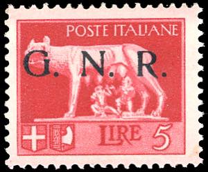 1943  - 5 lire, soprastampa G.N.R. spaziata ... 