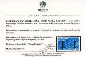 POSTA AEREA 1944 - 2 lire azzurro, ... 