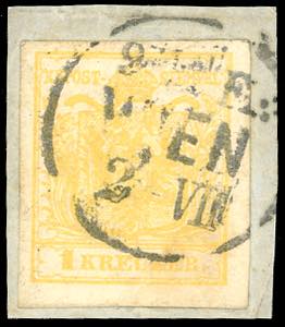 AUSTRIA 1850/54 - 1 kr. giallo, carta a ... 
