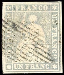 SVIZZERA 1854 - 1 fr. grigio lilla, Strubel, ... 