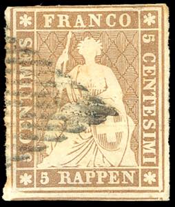SVIZZERA 1854 - 5 r. bruno arancio, Strubel, ... 