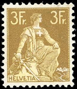 SVIZZERA 1908 - 3 fr. Bistro e giallo, ... 