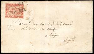 1854 - 15 cent. vermiglio, greca larga a ... 