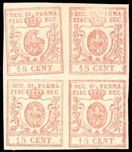 1859 - 15 cent. vermiglio (9), blocco di ... 