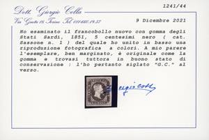 1851 - 5 cent. nero (1), nuovo, ... 
