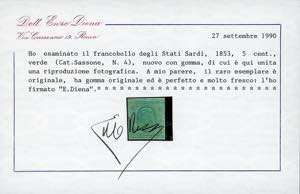 1853 - 5 cent. verde (4), nuovo, ... 