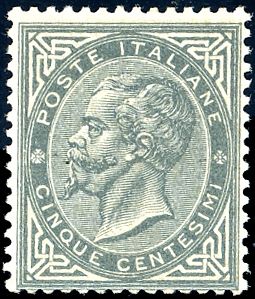 1863 - 5 cent. grigio verde, De La Rue, ... 
