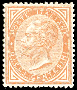 1863 - 10 cent. ocra arancio, De La Rue, ... 