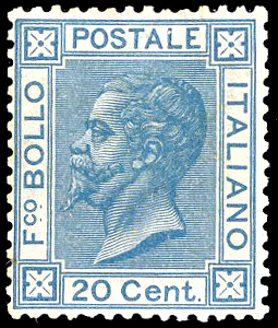 1867 - 20 cent. azzurro, tiratura di Torino ... 