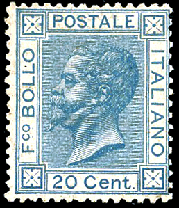 1867 - 20 cent. azzurro, tiratura di Torino ... 