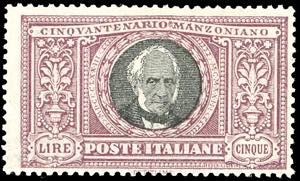 1923 - 5 lire Manzoni (156), nuovo, gomma ... 