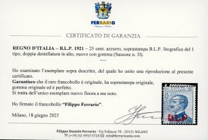 1921 - 25 cent. azzurro Michetti, ... 