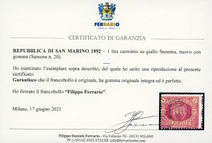 1892 - 1 lira carminio su giallo ... 