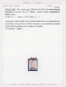 1922 - 20 cent., soprastampa BLP ... 