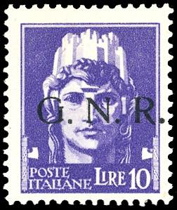 1943 - 10 lire, soprastampa G.N.R. di ... 