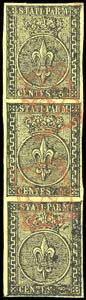 1852 - 5 cent. giallo arancio, striscia ... 
