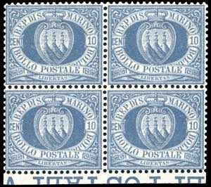 1877 - 10 cent. oltremare Stemma (3), blocco ... 