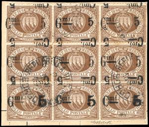 1892 - 5 cent. su 30 cent. blocco di nove ... 