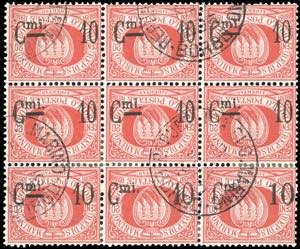 1892  - 10 cent. su 20 cent., blocco di nove ... 