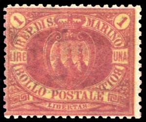 1892 - 1 lira carminio su giallo ... 