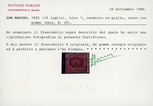 1892 - 1 lira carminio su giallo ... 