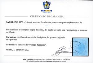 1853 - 20 cent. azzurro (5), gomma ... 