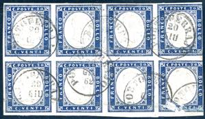 1862 - 20 cent. indaco chiaro (15Eb), blocco ... 
