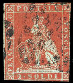 1851 - 2 soldi scarlatto su carta azzurra ... 